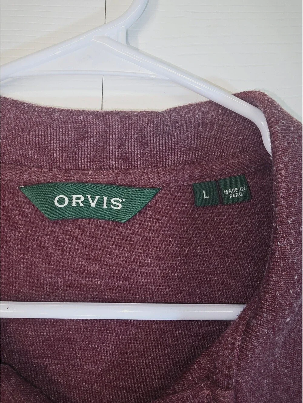 Orvis Mens Large Burgundy Maroon Long Sleeve Polo Shirt Cotton Made In Peru